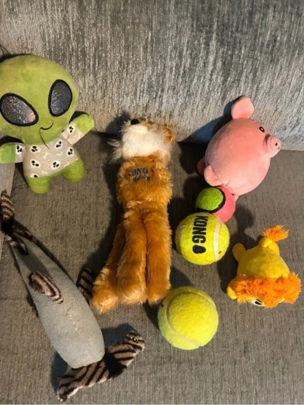 Kong Yellow Tennis Ball with Plush Pig and Assorted Plush Dog Toys